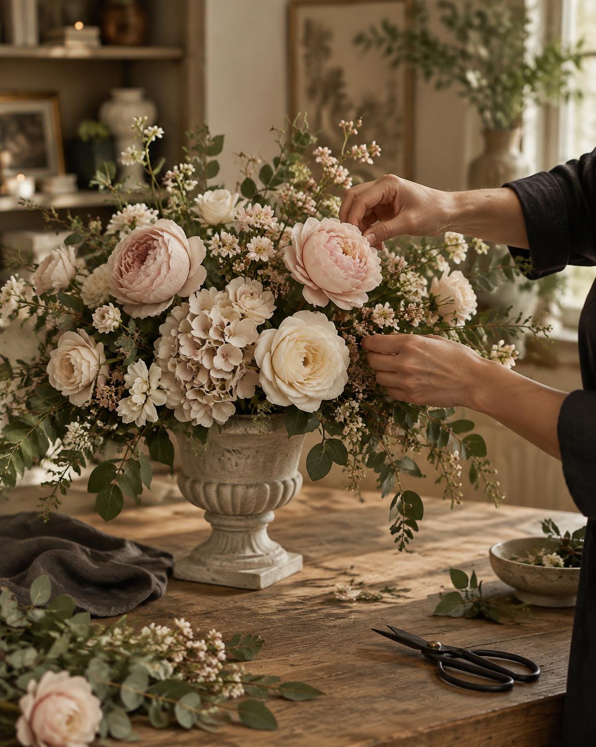 A florist positioning blush and cream permanent flowers in a stone urn in a warm design studio