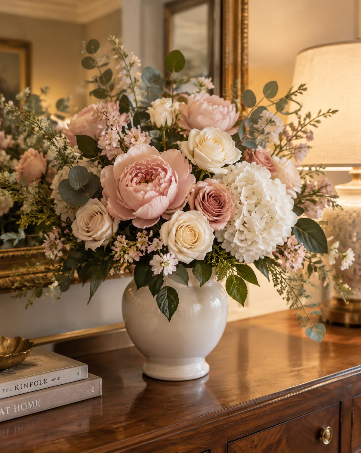 Detailed blush, ivory and cream permanent arrangement in a white vase on a warm wooden sideboard
